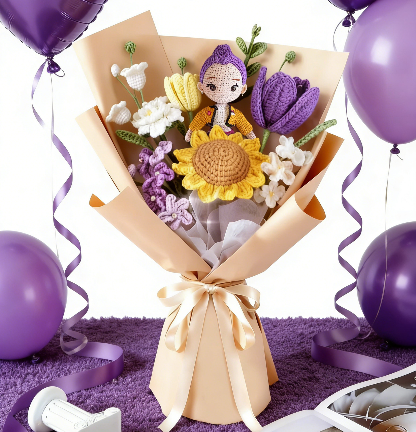 Crochet Bouquet with K-pop Doll,Handmade Knitted Flowers,Crochet Tulips Sunflower Galsang Flower for Valentines Day Lover Anniversary Birthday Mother's Day Graduation Gifts