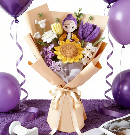 Crochet Bouquet with K-pop Doll,Handmade Knitted Flowers,Crochet Tulips Sunflower Galsang Flower for Valentines Day Lover Anniversary Birthday Mother's Day Graduation Gifts