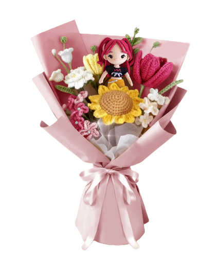 Crochet Bouquet with K-pop Doll,Handmade Knitted Flowers,Crochet Tulips Sunflower Galsang Flower for Valentines Day Lover Anniversary Birthday Mother's Day Graduation Gifts