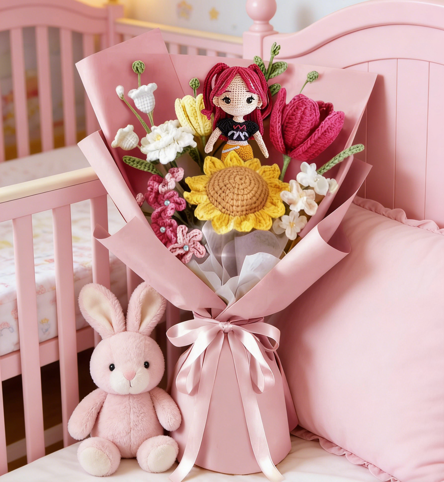 Crochet Bouquet with K-pop Doll,Handmade Knitted Flowers,Crochet Tulips Sunflower Galsang Flower for Valentines Day Lover Anniversary Birthday Mother's Day Graduation Gifts