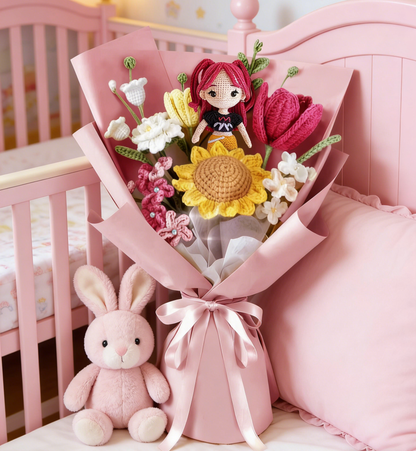Crochet Bouquet with K-pop Doll,Handmade Knitted Flowers,Crochet Tulips Sunflower Galsang Flower for Valentines Day Lover Anniversary Birthday Mother's Day Graduation Gifts
