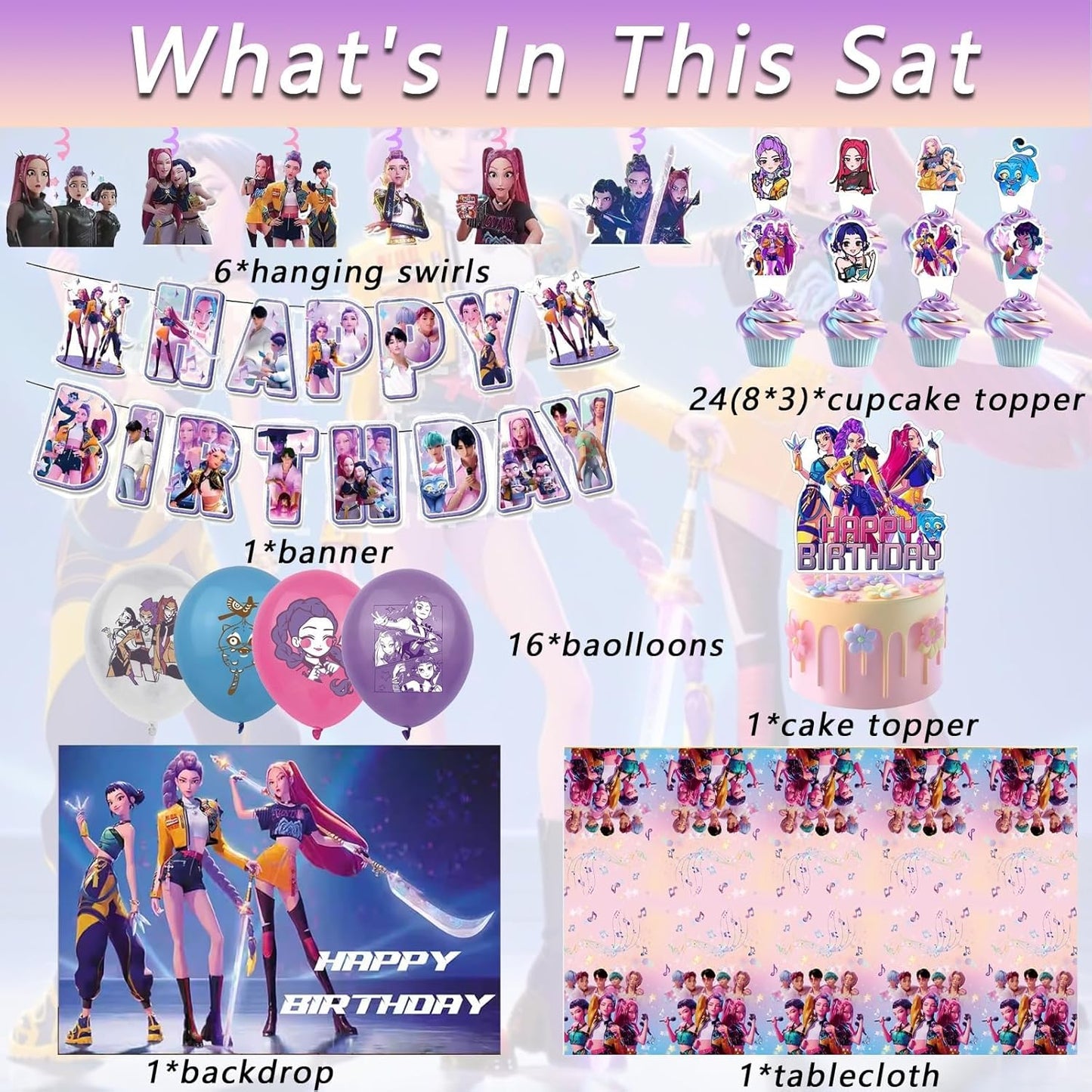 Kpop Birthday Decorations, Birthday Decorations Set Include Banner, Balloons,, Hanging Swirls, Cake Cupcake Toppers, Tablecloth for Boys Girls Hunters Theme Party
