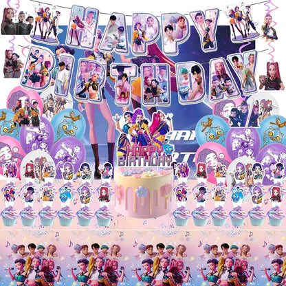 Kpop Birthday Decorations, Birthday Decorations Set Include Banner, Balloons,, Hanging Swirls, Cake Cupcake Toppers, Tablecloth for Boys Girls Hunters Theme Party