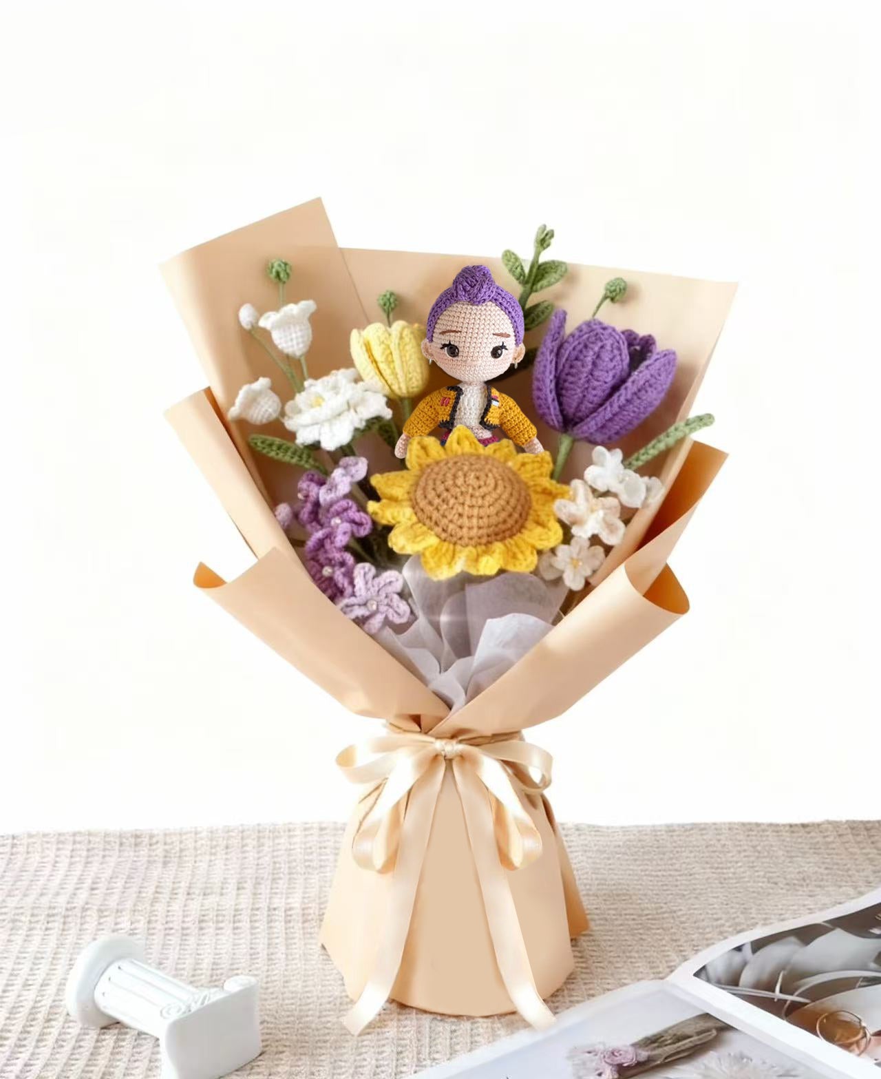 Crochet Bouquet with K-pop Doll,Handmade Knitted Flowers,Crochet Tulips Sunflower Galsang Flower for Valentines Day Lover Anniversary Birthday Mother's Day Graduation Gifts