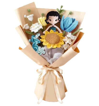 Crochet Bouquet with K-pop Doll,Handmade Knitted Flowers,Crochet Tulips Sunflower Galsang Flower for Valentines Day Lover Anniversary Birthday Mother's Day Graduation Gifts