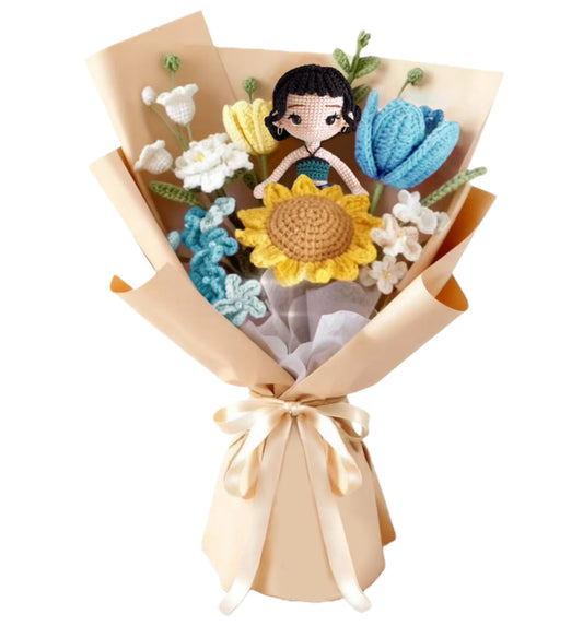 Crochet Bouquet with K-pop Doll,Handmade Knitted Flowers,Crochet Tulips Sunflower Galsang Flower for Valentines Day Lover Anniversary Birthday Mother's Day Graduation Gifts