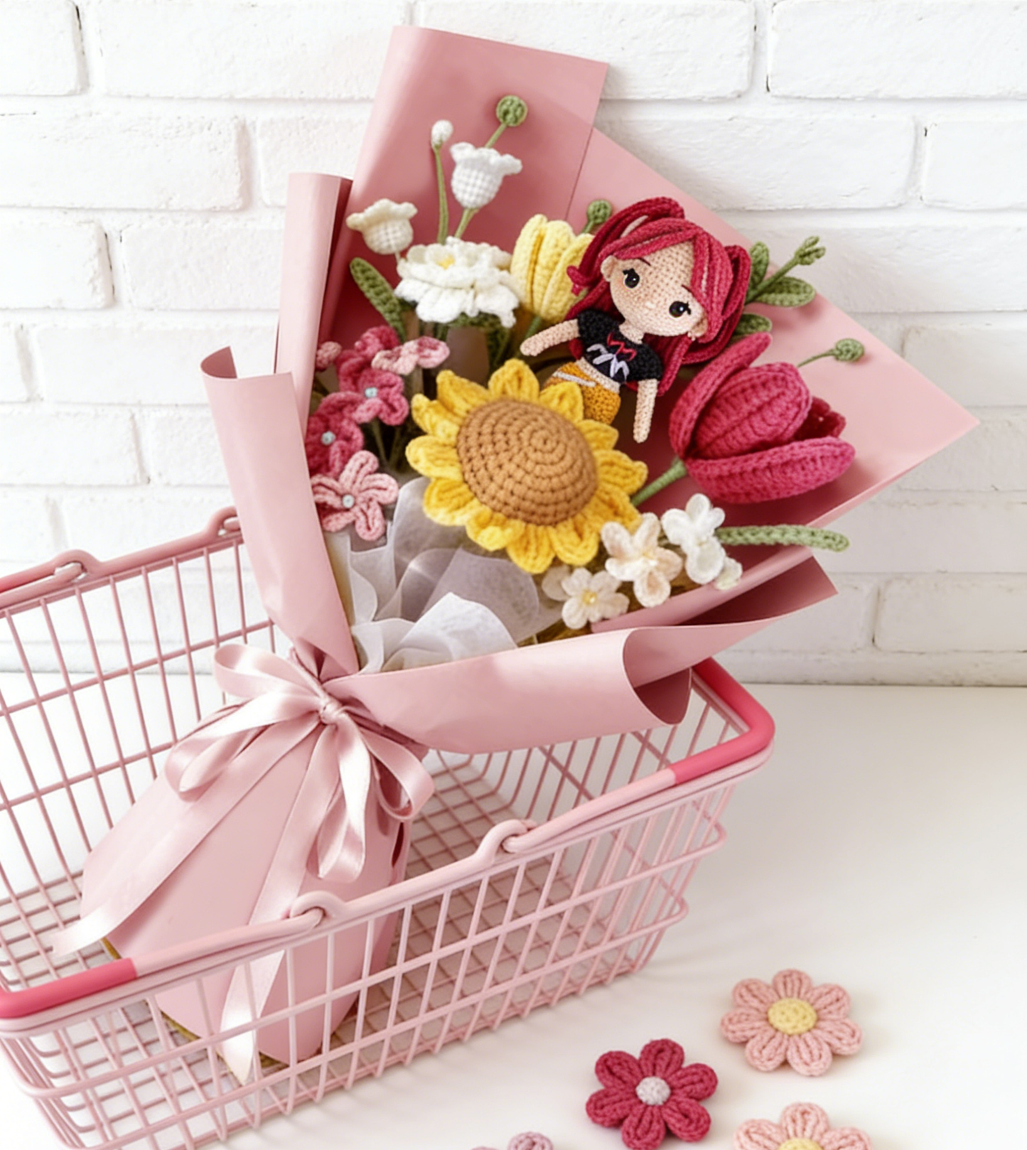 Crochet Bouquet with K-pop Doll,Handmade Knitted Flowers,Crochet Tulips Sunflower Galsang Flower for Valentines Day Lover Anniversary Birthday Mother's Day Graduation Gifts