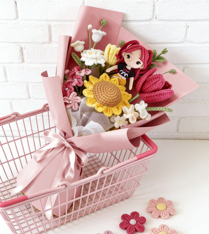 Crochet Bouquet with K-pop Doll,Handmade Knitted Flowers,Crochet Tulips Sunflower Galsang Flower for Valentines Day Lover Anniversary Birthday Mother's Day Graduation Gifts
