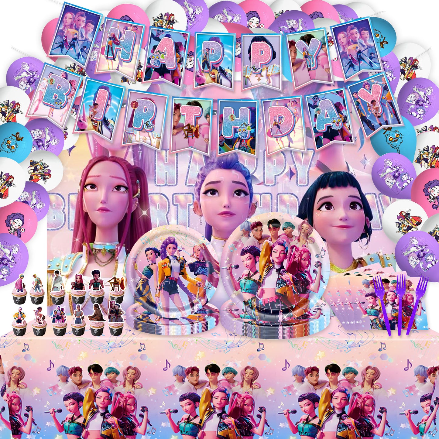 Kpop Birthday Decorations, Birthday Decorations Set Include Banner, Balloons,, Hanging Swirls, Cake Cupcake Toppers, Tablecloth for Boys Girls Hunters Theme Party