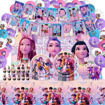 Kpop Birthday Decorations, Birthday Decorations Set Include Banner, Balloons,, Hanging Swirls, Cake Cupcake Toppers, Tablecloth for Boys Girls Hunters Theme Party